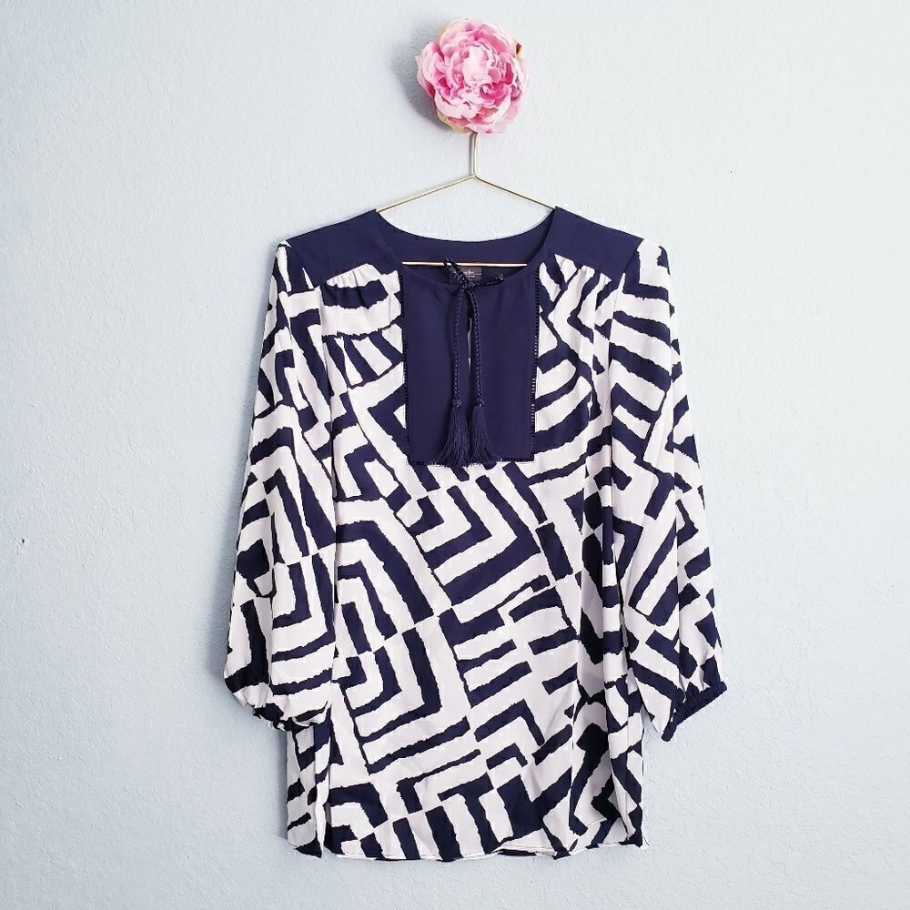 Chicos Travelers Geometric Print Peasant Top